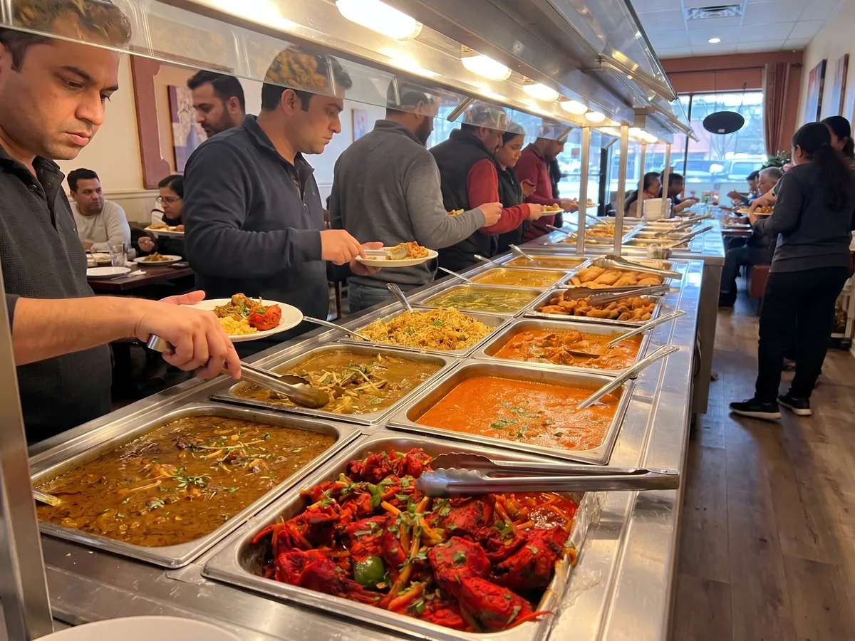 The weekend lunch buffet line at New India Restaurant